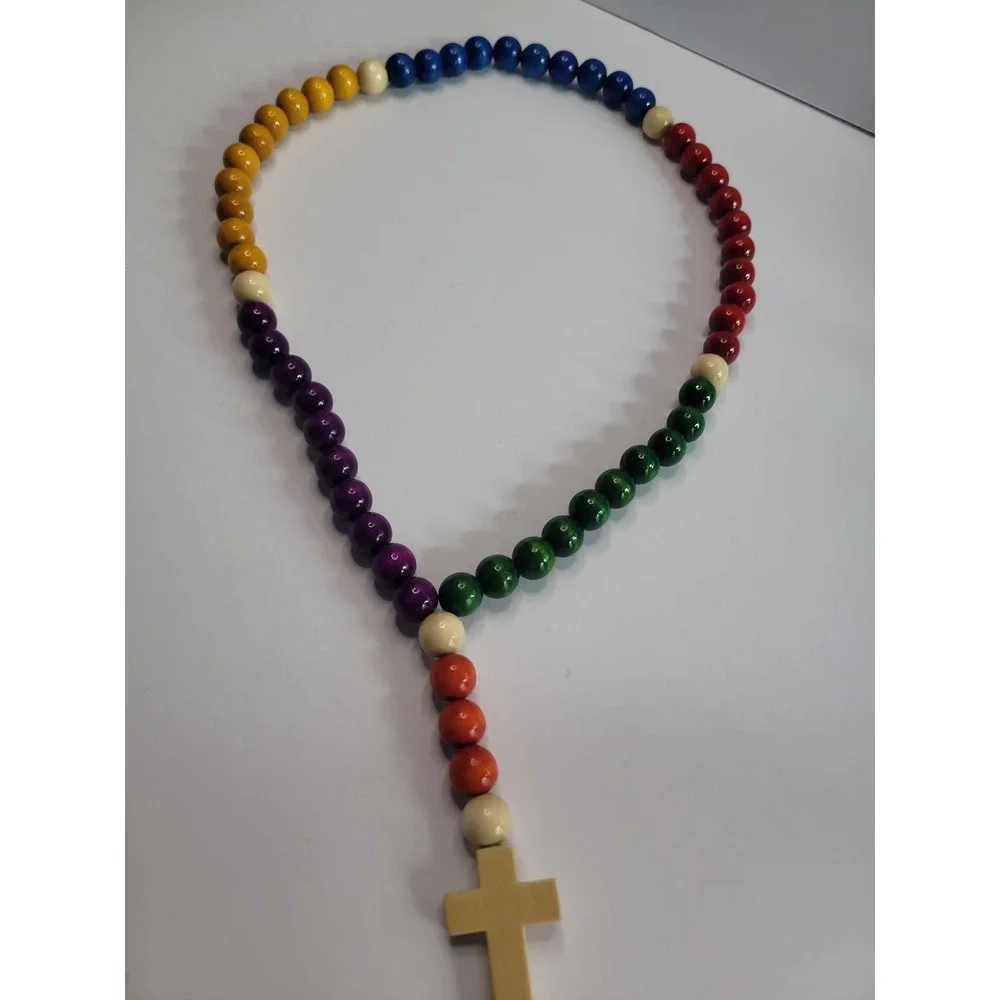Multicolor Beaded Cross Necklace Chunky Rainbow Boho Statement Pendant